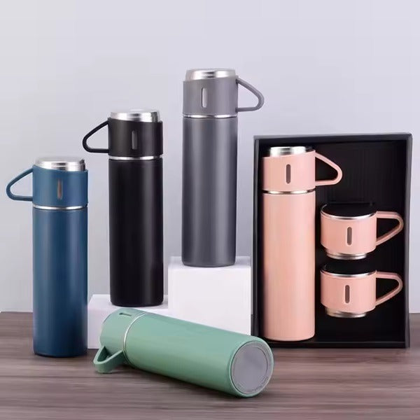 Vacuum Flask Set with 2 Cups, Insulated Double Wall Stainless Steel 500ml Tea Coffee Thermal Flask with 3 Cups, Hot and Cold Bottle, Corporate Gifts (Random Colour)