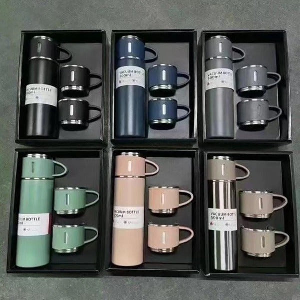 Vacuum Flask Set with 2 Cups, Insulated Double Wall Stainless Steel 500ml Tea Coffee Thermal Flask with 3 Cups, Hot and Cold Bottle, Corporate Gifts (Random Colour)