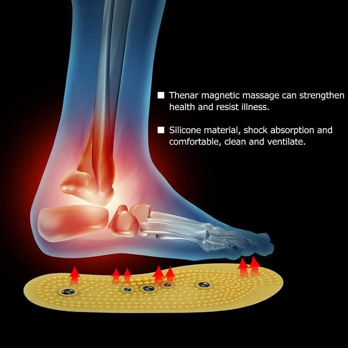  An illustration depicts a foot with underlying bone structure positioned above a yellow magnetic insole. Red arrows indicate upward pressure points. Text highlights that the thenar magnetic massage can strengthen health and resist illness and the silicone material offers shock absorption and is comfortable, clean and ventilate.Magnetic therapy insole, foot massage, health benefits, shock absorption, comfortable insole.