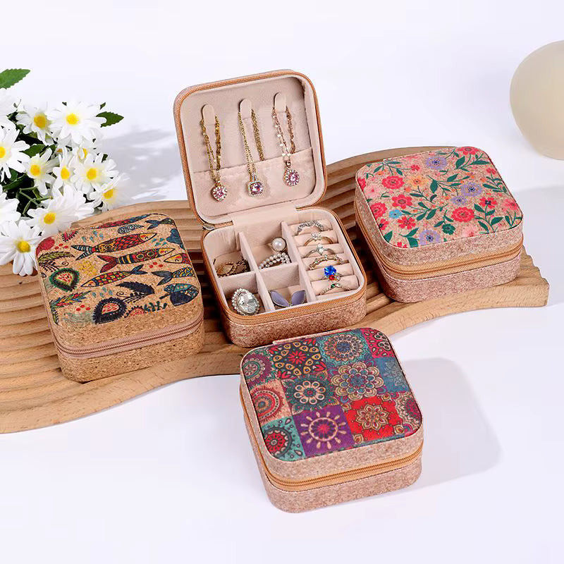 Vintage Small Jewellery Case Box Organizer – Portable Square Cork Jewelry Box for Rings, Necklaces & Earrings, Multifunctional Storage for Women, Mothers & Girls (Pack of 1)