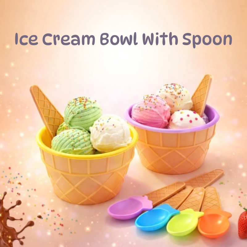 Ice Cream Bowl With Spoon – Durable Plastic Dessert Serving Bowls (Random color-Pack of 2)