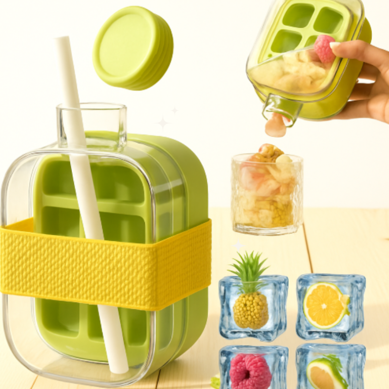 Ice Cube Bottle 500ml – 2-in-1 Ice Cube Tray & Water Bottle with Straw (Random Color-Pack of 1)