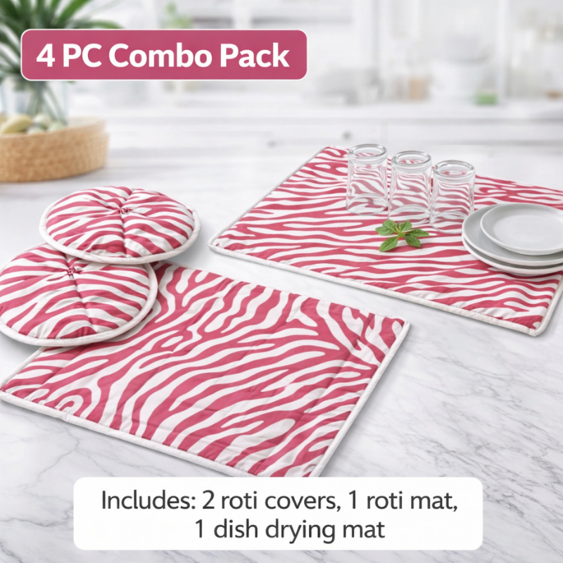 Kitchen Combo Set – 2Pc Roti Cover (19x19 cm) + 1Pc Roti Mat (35x44 cm) + 1Pc Dish Drying Mat (57x41 cm) | Multipurpose Kitchen Essentials(Random Design)