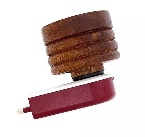 Multipurpose Wooden Kapoor Dani Electric Incense Burners are shown against a white background. Each burner has a tiered brown wooden top with a metallic dish and a maroon and white electric base with a visible plug. These burners are designed for burning camphor (Kapoor) and incense. Prathna, Kapoor Dani, incense burner, electric burner, wooden incense burner, puja items.