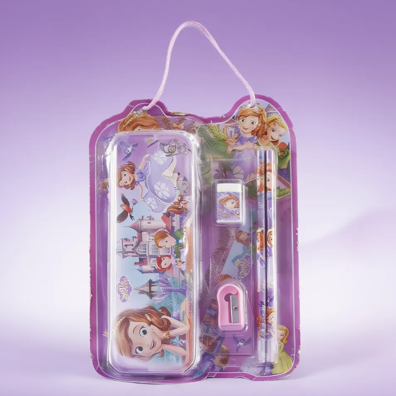 Kids Cartoon Stationery Set | Metal Pencil Box with 2 Pencils, Sharpener & Eraser | School Supply Kit for Boys & Girls