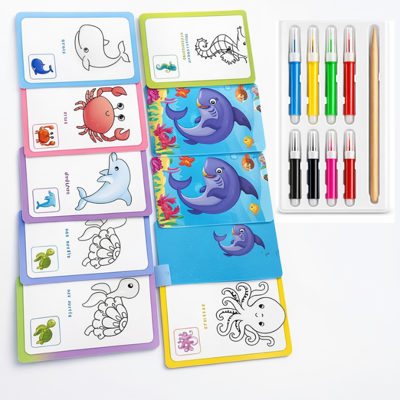 Kids Coloring Cards Activity Kit (18 Cards) | Creative Drawing Set with 6 Sketch Pens & Pencil (Random Theme)