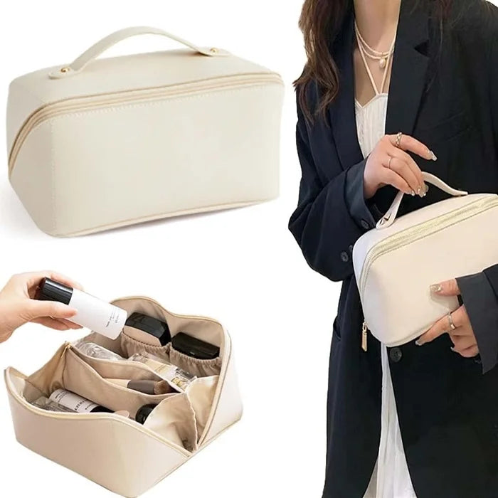 Large Capacity Travel Cosmetic Bag with Compartment Waterproof Leather Makeup Bag