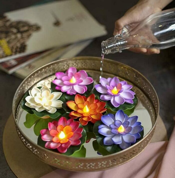 2Pcs Lotus Flower Shape Sensor LED Light, Smokeless Lotus Flowers Sensor LED Tea Light Unbreakable for Outdoor and Indoor Festival Decoration