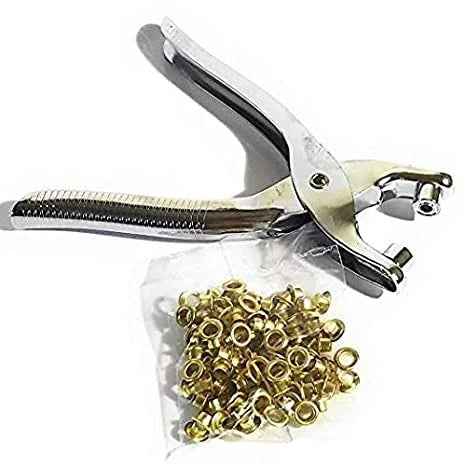 100 Pcs Gold Eyelets Belt Setting Plier - Leather Hole Punch Pliers, Grommets Kit with 100 Metal Eyelets in Silver for Leather, Shoes, Fabric, Belts, Workbooks, Apparel