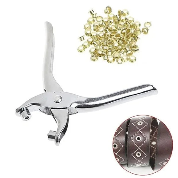 100 Pcs Gold Eyelets Belt Setting Plier - Leather Hole Punch Pliers, Grommets Kit with 100 Metal Eyelets in Silver for Leather, Shoes, Fabric, Belts, Workbooks, Apparel