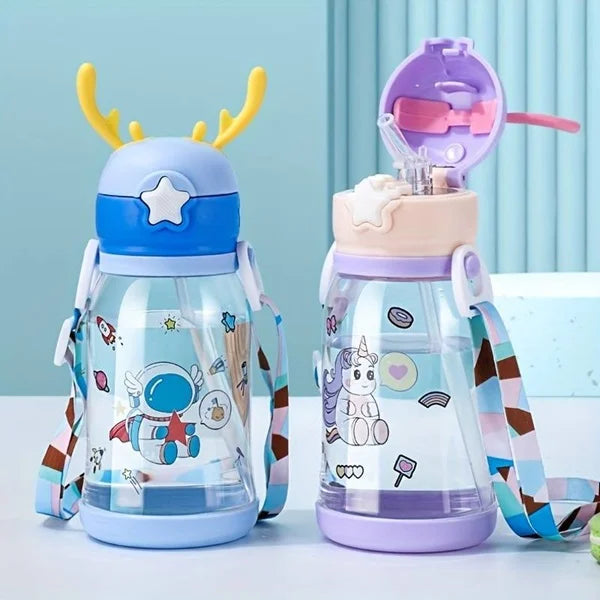 600ml Cartoon Design Sippy Water Bottle and Shoulder Strap for Students and Children, Boy, girl