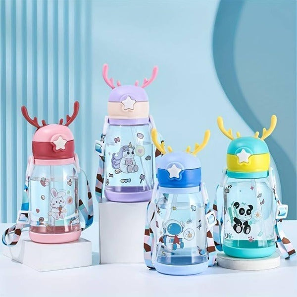 600ml Cartoon Design Sippy Water Bottle and Shoulder Strap for Students and Children, Boy, girl