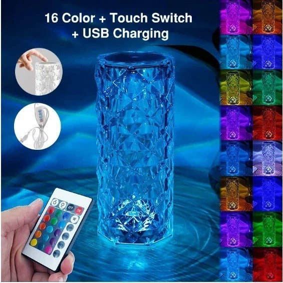 Rose Diamond Crystal Table Lamp, 16 Color Changing Rose Crystal Diamond LED Table Lamp, USB Rechargeable Touch Bedside Lamp Night Light with Remote Control, for Bedroom Living Room Party Dinner Decor