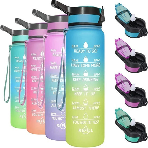 1000ml Motivational Water Bottle With Straw Time Marker, Leak-Proof Drink Bottle BPA Free Non-Toxic Tritan Material 1 Click Open for Running Gym, Garden Walk, School