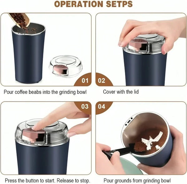 Stainless Steel Electric Grinder, Multifunctional Coffee Grinder with Stainless Steel Blades Electric Coffee Grinder Protection Against Overheating Portable Coffee Grinder for Beans