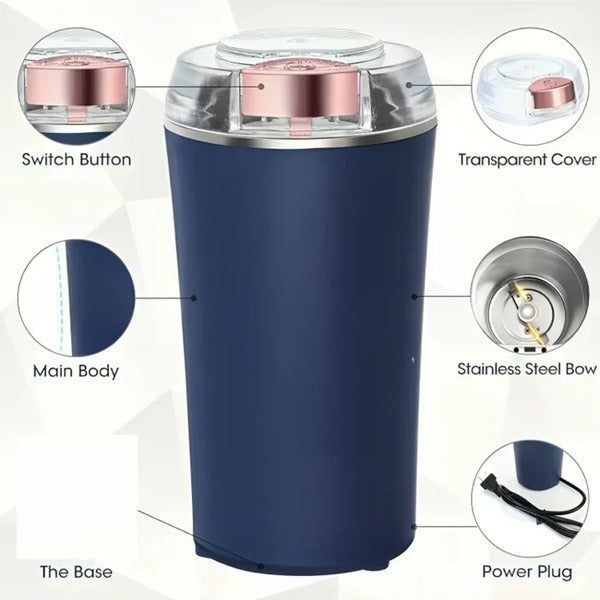 Stainless Steel Electric Grinder, Multifunctional Coffee Grinder with Stainless Steel Blades Electric Coffee Grinder Protection Against Overheating Portable Coffee Grinder for Beans