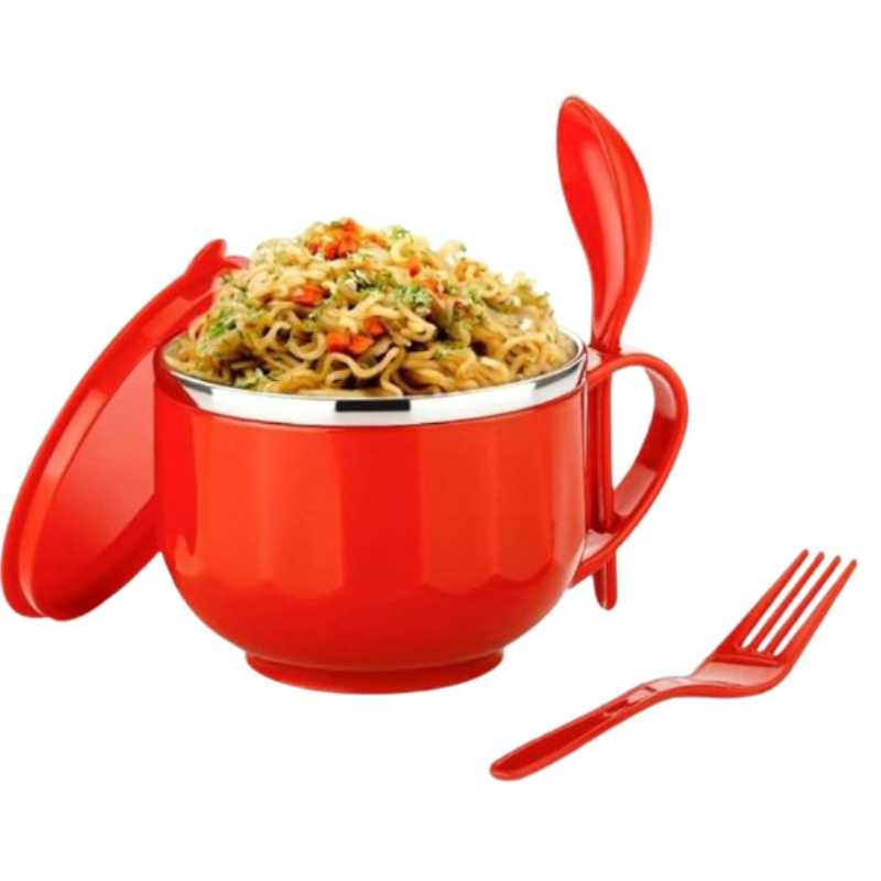 Stainless Steel Maggie & Soup Bowl – Noodle & Food Container with Airtight Lid, Handle, Spoon Holder, Spoon & Fork for Kitchen & Picnic(Random color-Pack of 1)