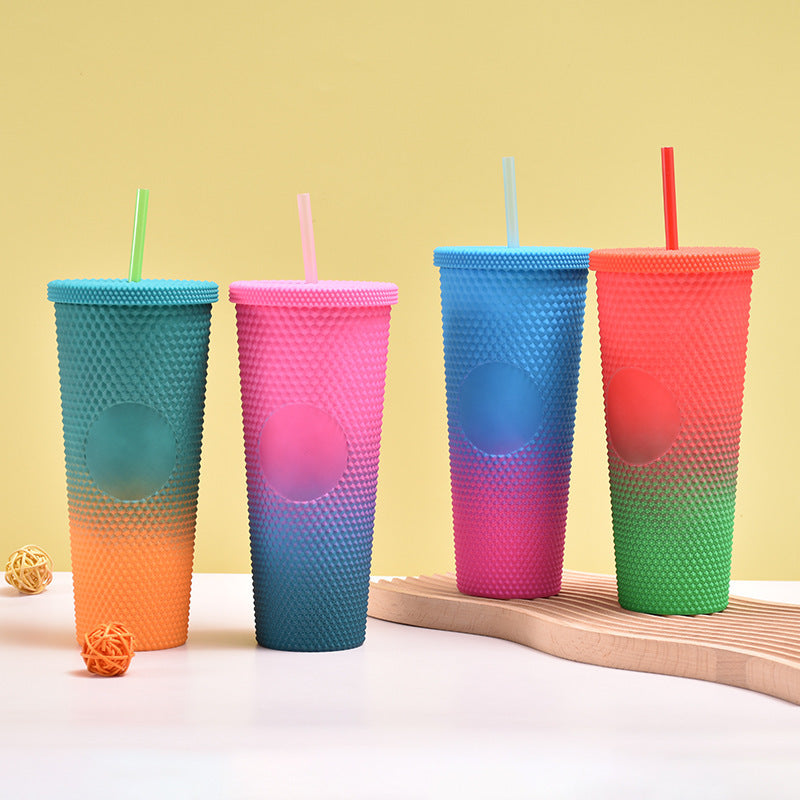 700 ml Gradient Plastic Cup Creative Cup with Straw Double-Layer Cup - Matte (Random Colors)