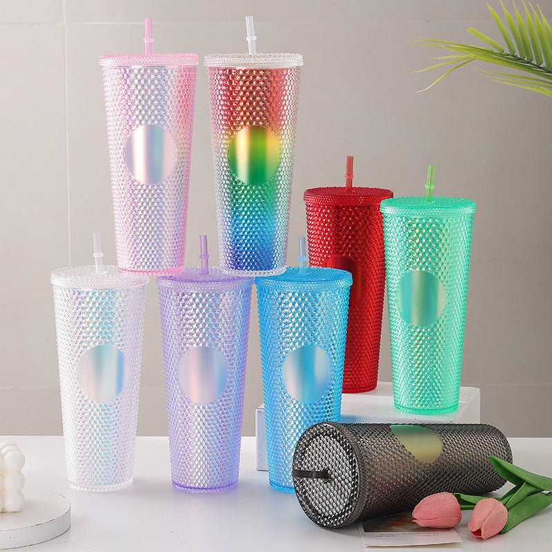 Diamond Cup Double-Layer Plastic Straw Cup (Random Colors) - 700 ml