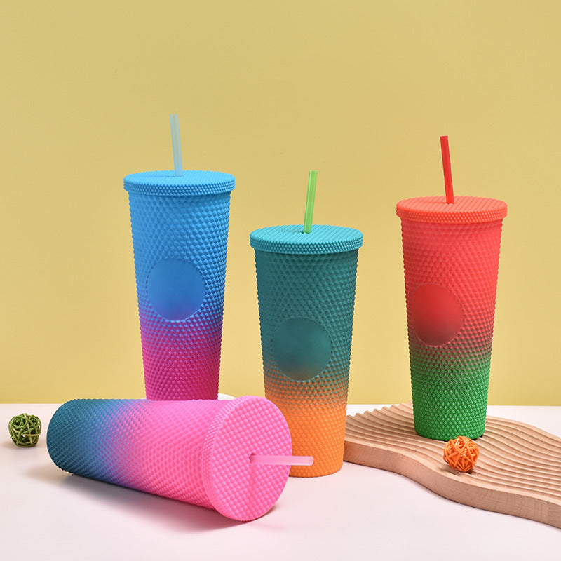 700 ml Gradient Plastic Cup Creative Cup with Straw Double-Layer Cup - Matte (Random Colors)