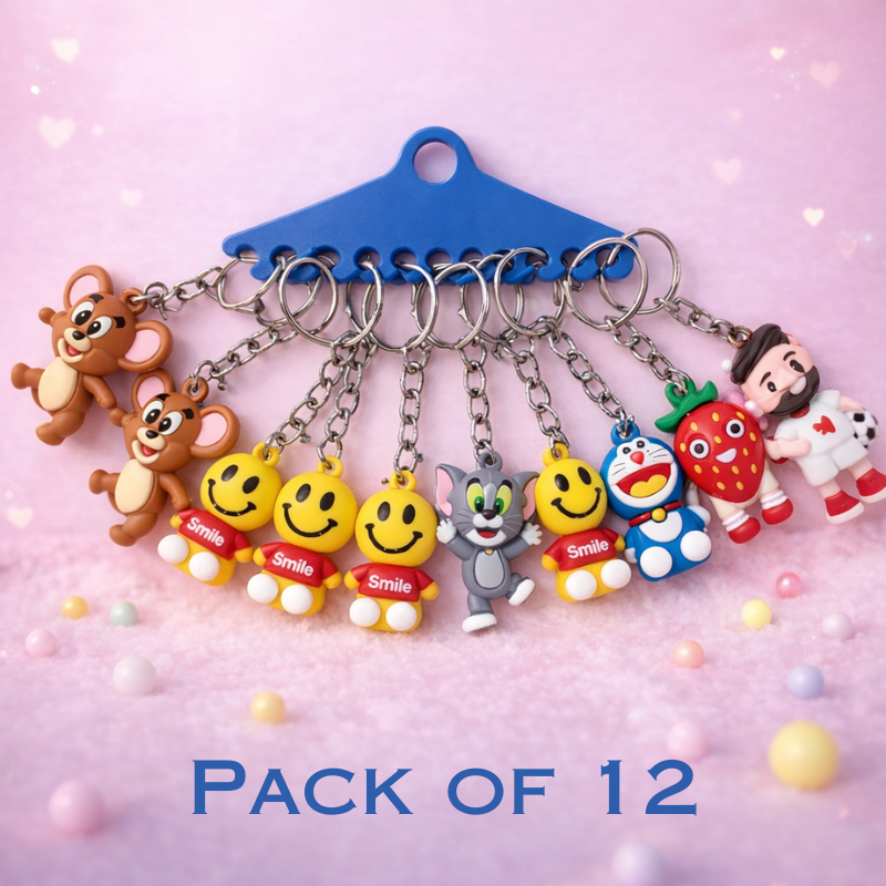 12 Pcs Cartoon Keychains – Soft Rubber Mini Character Keyrings, Fun Bag & Backpack Accessories for Kids & Teens(Random Cartoon Character)
