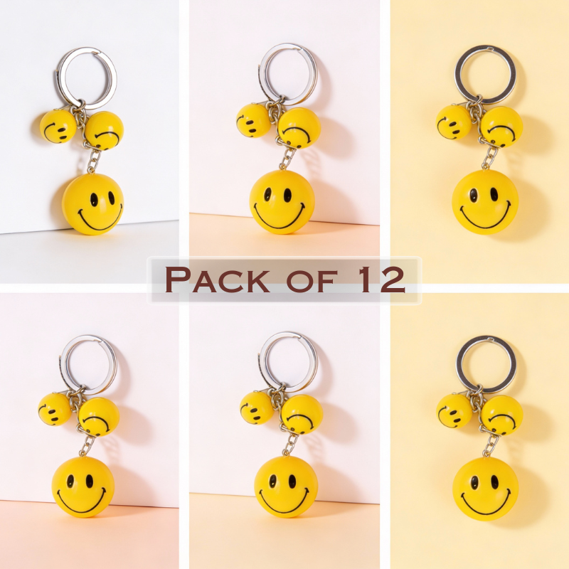 12 Pcs Triple Smiley Face Keychain – Cute Emoji Key Ring for Bags, Keys & Gifts (Faces Design)