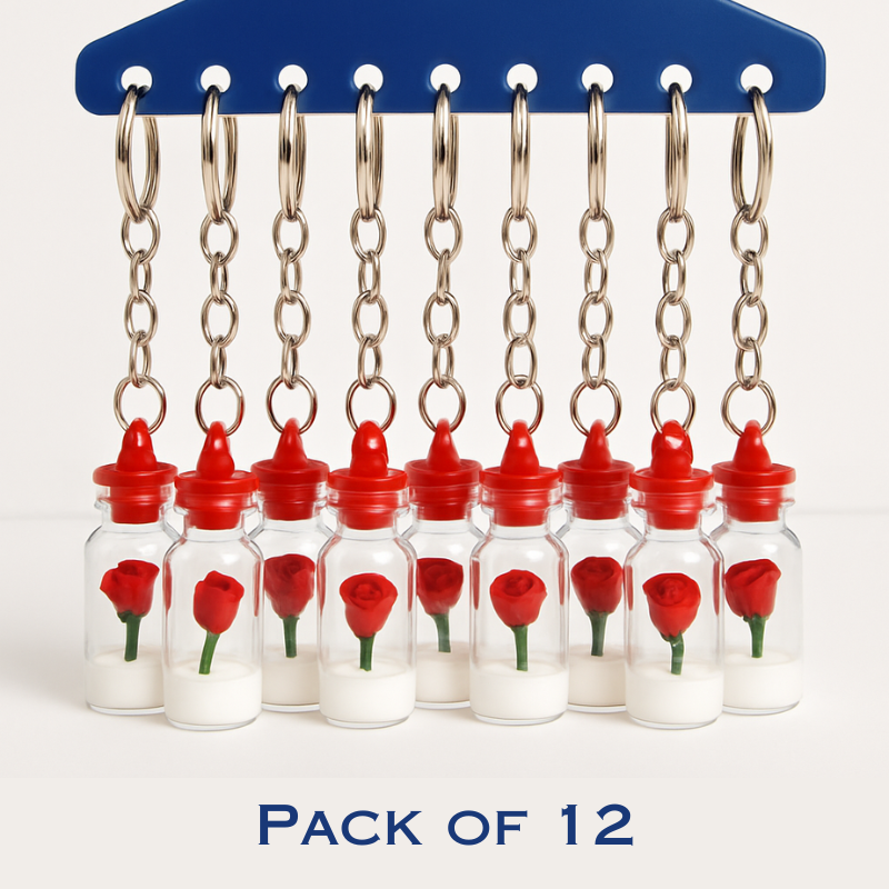 12 Pcs Love in a Bottle Rose Keychain – Mini Glass Bottle Romantic Key Ring Set