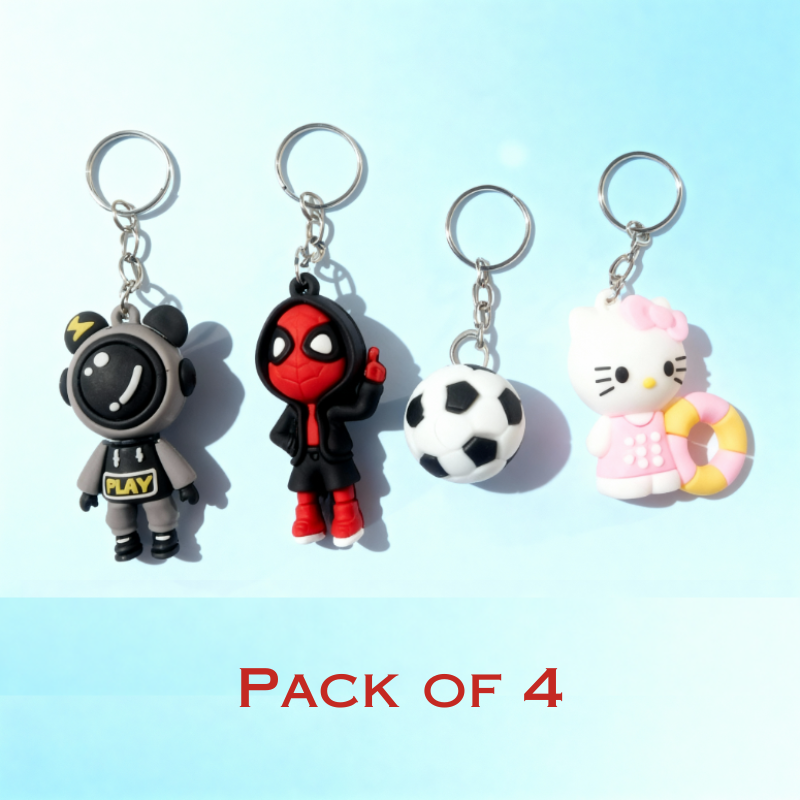 4 Pcs Collectible Character & Sports-Themed Silicone Keychains – Flexible Rubber Key Rings for Bags, Bikes & Keys (Random keychain)