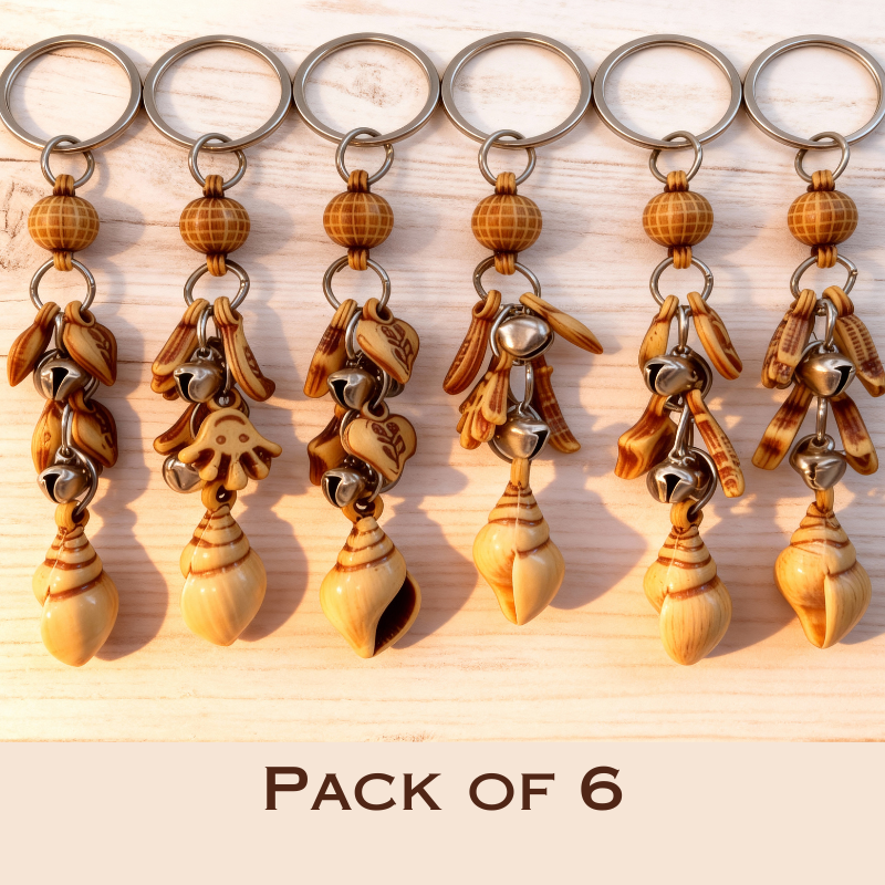 6 Pcs Seashell Keychain with Star & Bell Charms – Cute Ocean-Theme Key Ring