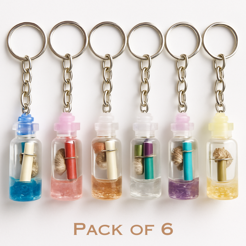 6 Pcs Mini Glass Bottle Keychain – Cute Transparent Bottle Key Ring for Bags, Keys & Gifts (Random color)