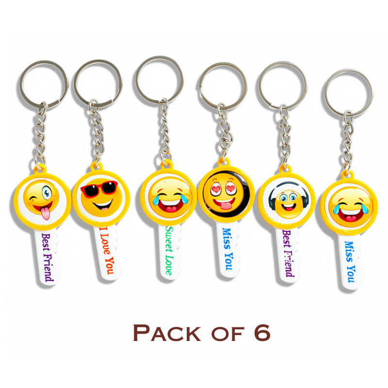 6 Pcs Key Shape Smiley Emoji Keychain – Cute Emoji Face Key Ring for Bags & Keys (Random smiley)