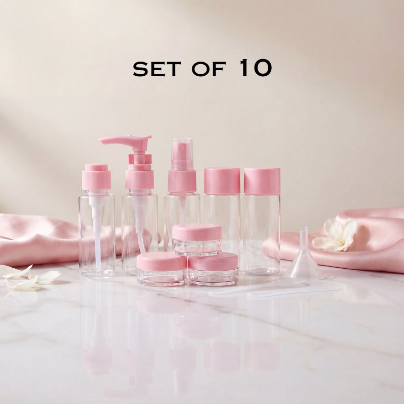 10-Piece Clear Travel Bottle Set – Refillable Leak-Proof Spray Bottles, Lotion Dispensers, Jars & Accessories for Toiletries & Cosmetics