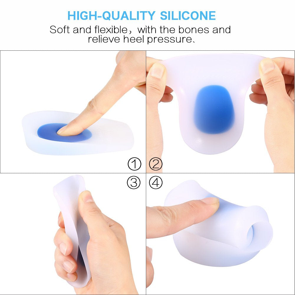 A four-panel image showcases the features of high-quality silicone heel cup inserts with blue gel pads. Panel 1 shows a finger pressing into the soft blue gel. Panel 2 shows the flexible silicone being stretched. Panel 3 shows the heel cup being folded, highlighting its flexibility. Panel 4 shows a finger pressing on the side of the heel cup, demonstrating its soft texture.silicone heel cup, heel cushion, heel support, foot care, shoe inserts, orthopedic insoles, health and personal care, Pedimend, high-qua