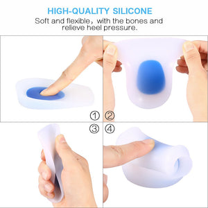 A four-panel image showcases the features of high-quality silicone heel cup inserts with blue gel pads. Panel 1 shows a finger pressing into the soft blue gel. Panel 2 shows the flexible silicone being stretched. Panel 3 shows the heel cup being folded, highlighting its flexibility. Panel 4 shows a finger pressing on the side of the heel cup, demonstrating its soft texture.silicone heel cup, heel cushion, heel support, foot care, shoe inserts, orthopedic insoles, health and personal care, Pedimend, high-qua