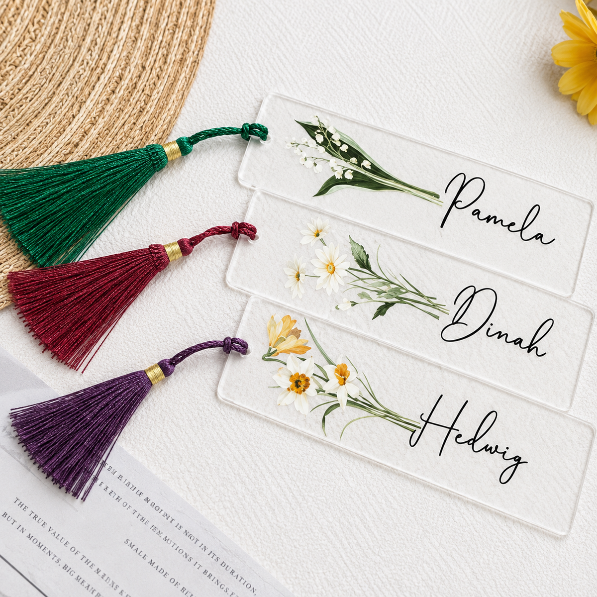 Personalized Acrylic Bookmark with Name & Birth Month Flower – Custom Book Page Holder with Tassel | Gift for Book Lovers & Women (Random Tassel Color)
