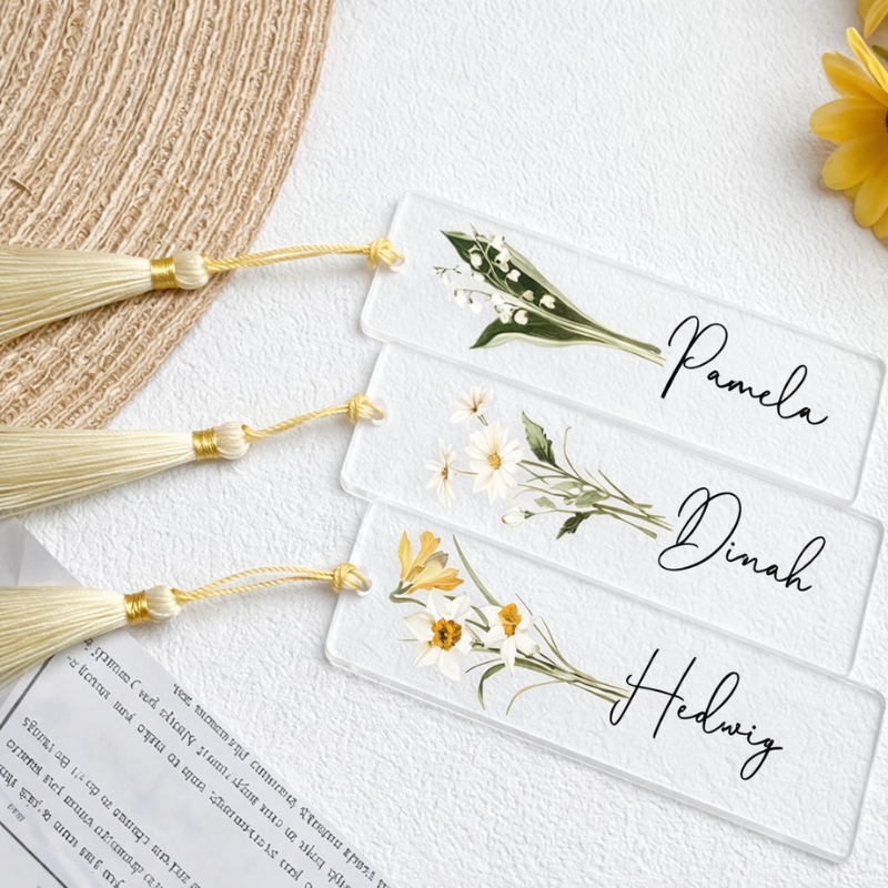 Personalized Acrylic Bookmark with Name & Birth Month Flower – Custom Book Page Holder with Cream Silk Tassel | Gift for Book Lovers & Women