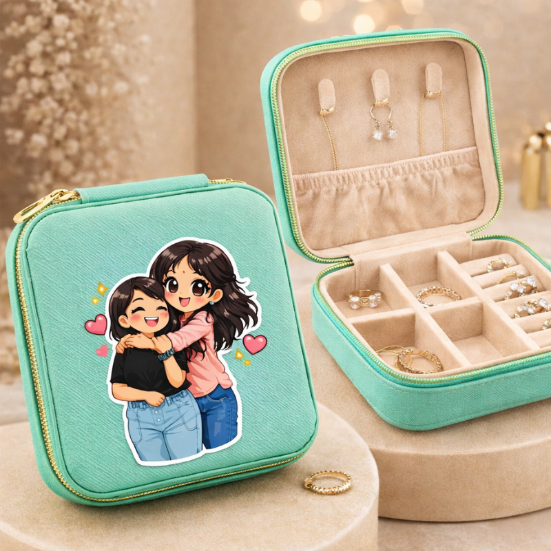 Personalized Chibi-Style Illustration Jewelry Organizer – Custom Travel Jewelry Box Case | Cute Anime Gift for Girls & Women
