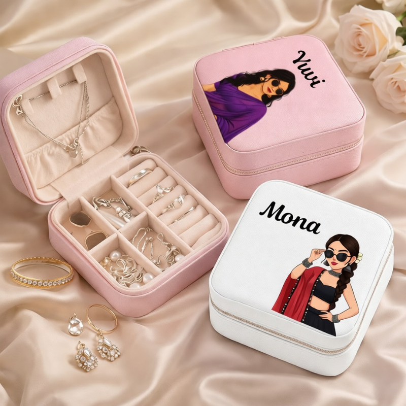 Personalized Ethnic Illustration Travel Jewelry Organizer with Name – Custom Jewelry Box Case with Traditional Indian Women Artwork | Gift for Women & Girls (Random Box)