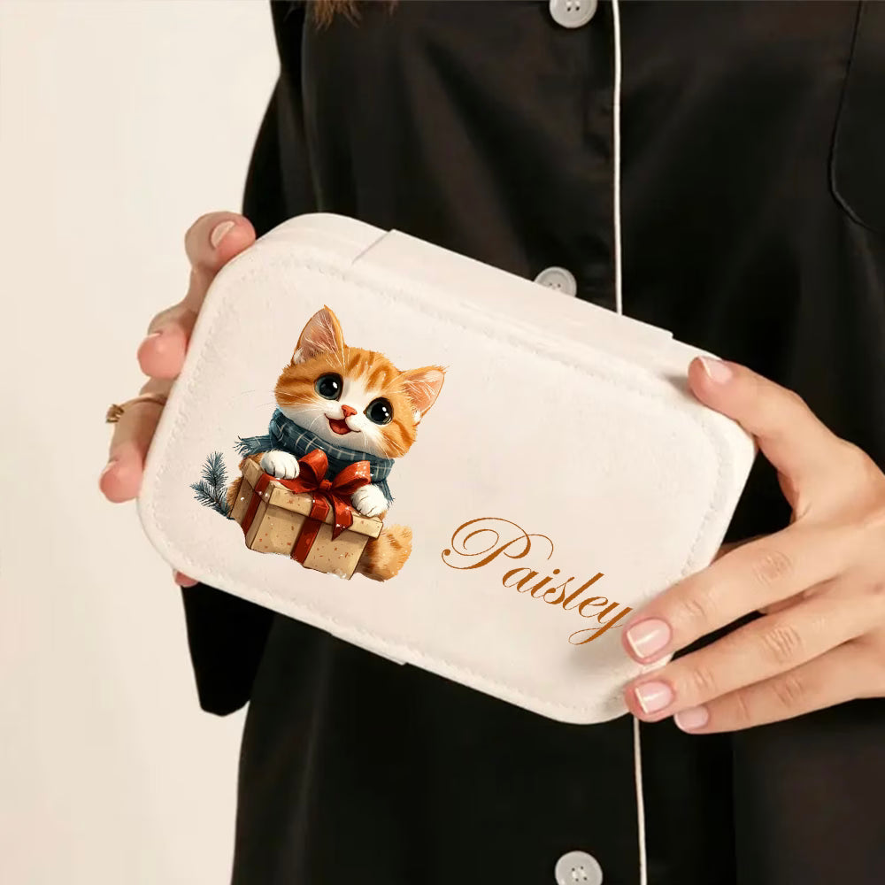 Personalized Faux Leather Jewelry Box with Cute Kitten Design – Custom Name Travel Jewelry Organizer for Girls