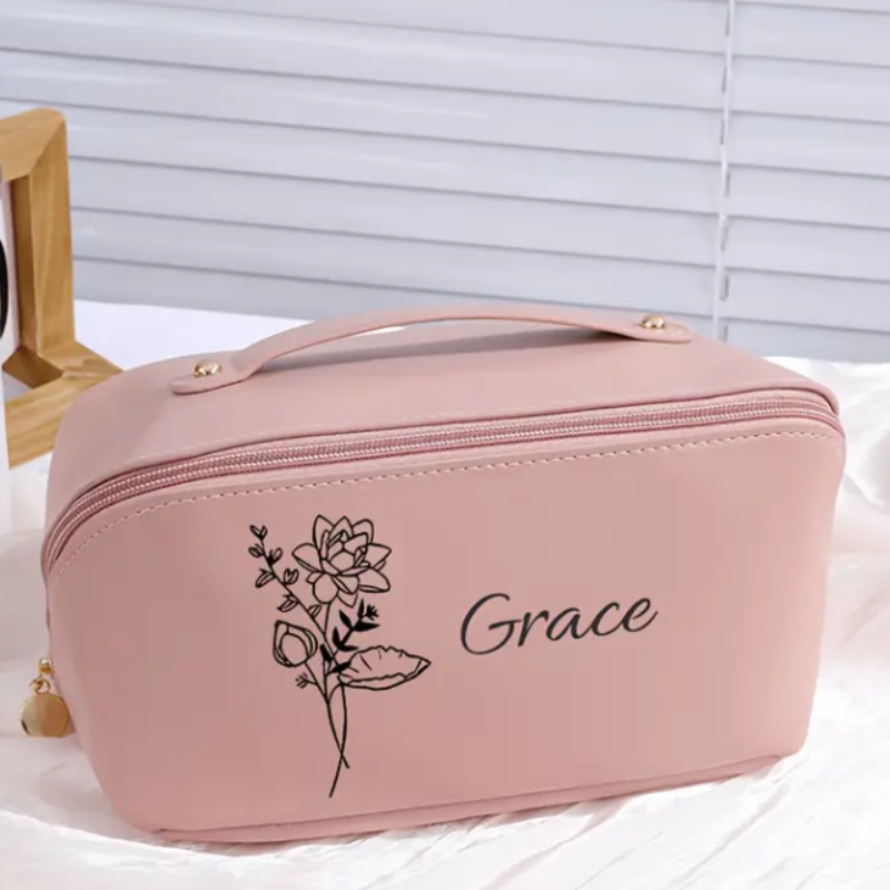 Personalized Makeup Bag with Custom Birthday Flower – Elegant Floral Cosmetic Organizer for Women