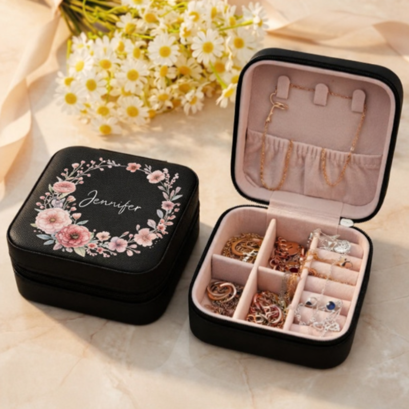 Personalized PU Leather Mini Travel Jewelry Organizer Box with Your Name – Compact Jewelry Storage Case for Rings, Earrings & Necklaces