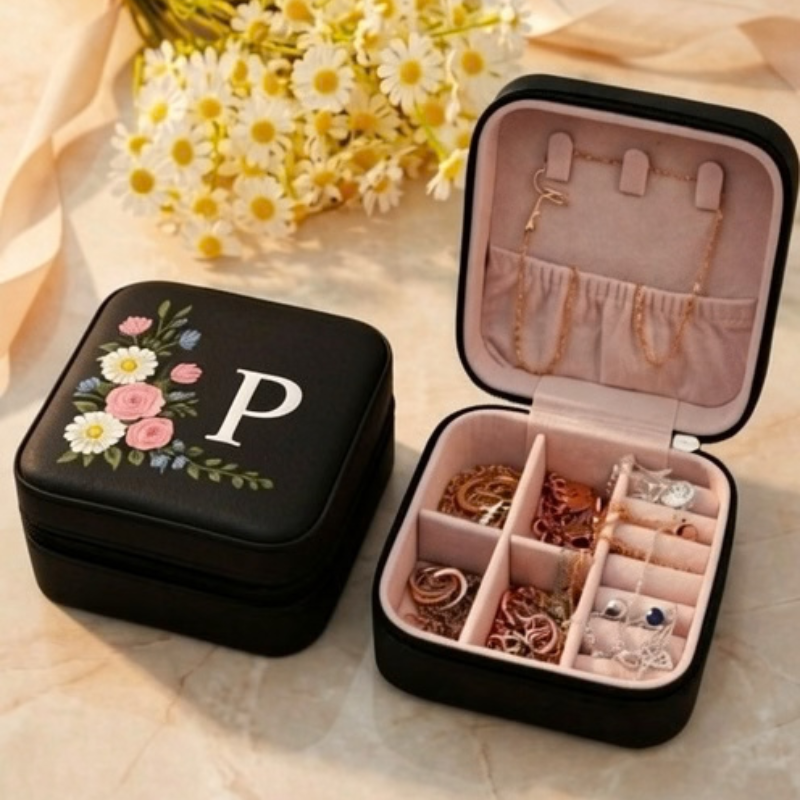 Personalized PU Leather Travel Jewelry Organizer Box with Your Initial – Compact Jewelry Storage Case for Women