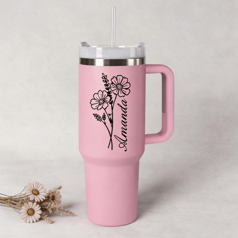 Personalized 1800ML Tumbler with Birth Month Flower & Your Name – Custom Insulated Water Cup