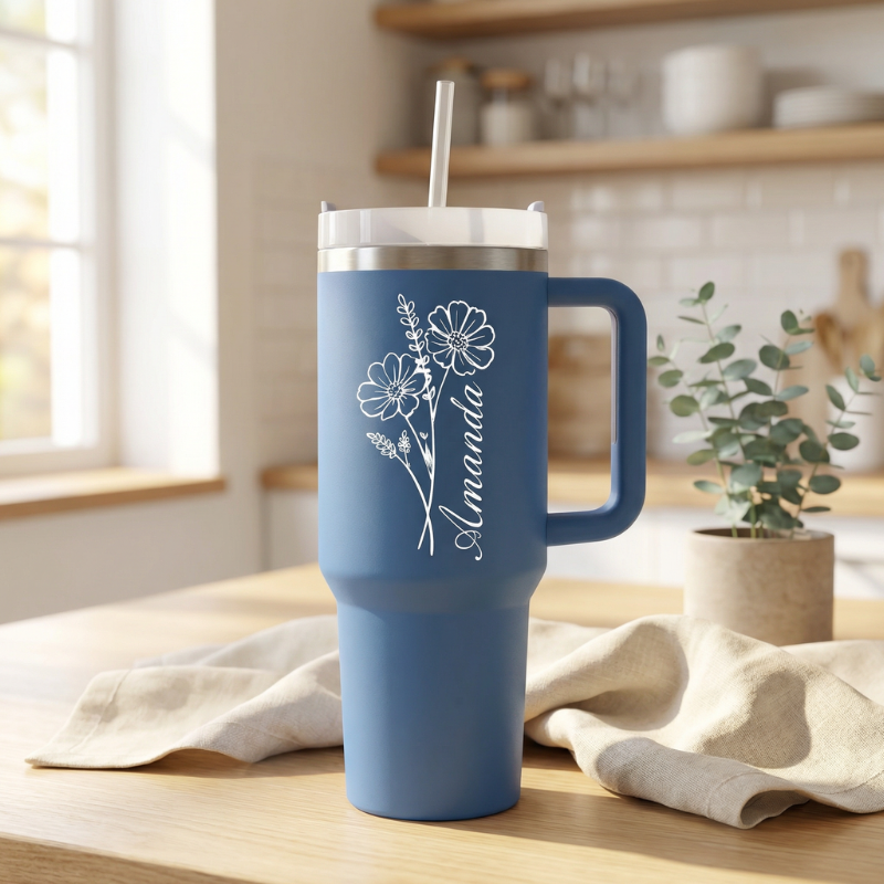 Personalized 1800ML Tumbler with Birth Month Flower & Your Name – Custom Insulated Water Cup