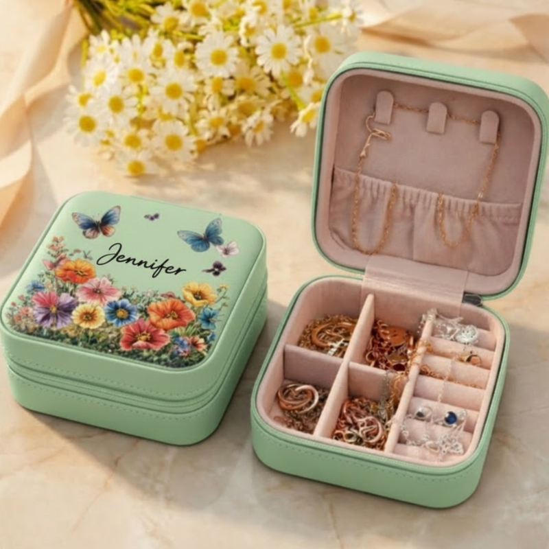 Personalized Travel Jewelry Organizer with Name – Custom Floral / Butterfly Design Jewelry Storage Box