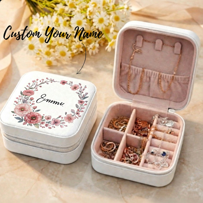 Personalized PU Leather Mini Travel Jewelry Organizer Box with Your Name – Compact Jewelry Storage Case for Rings, Earrings & Necklaces