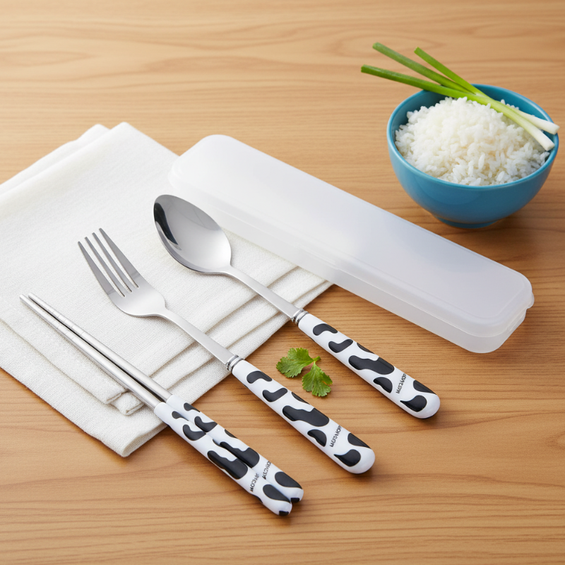 Premium Cow Print Tableware Set | Stainless Steel Spoon, Fork & Chopstick Set with Portable Case (Pack of 1 Set)
