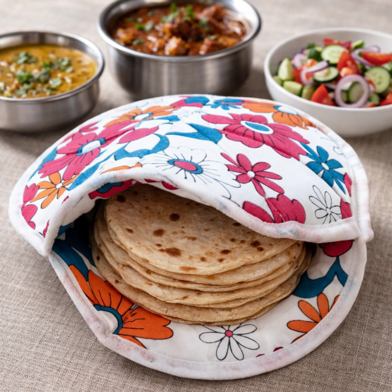 Printed Cotton Roti Cover Bag | Reusable Chapati Warmer Cloth for Roti, Naan, Tortilla & Paratha (Random Print-Pack of 1)