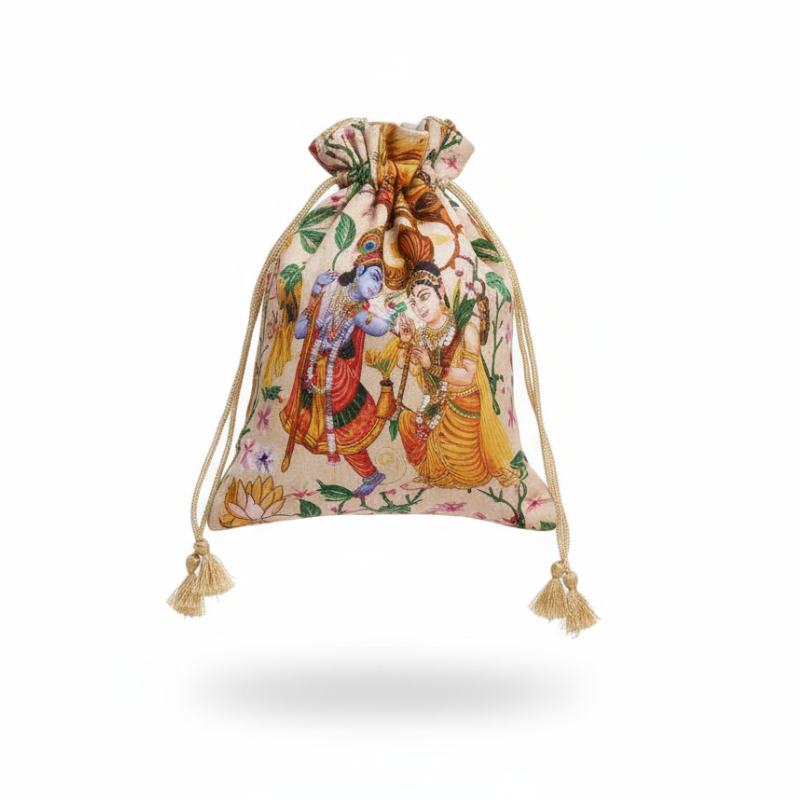 Radha Krishna Silk Potli Bags – Digital Printed Festive Gift Pouches for Sweets & Dry Fruits (Random Print-10x9 Inch)