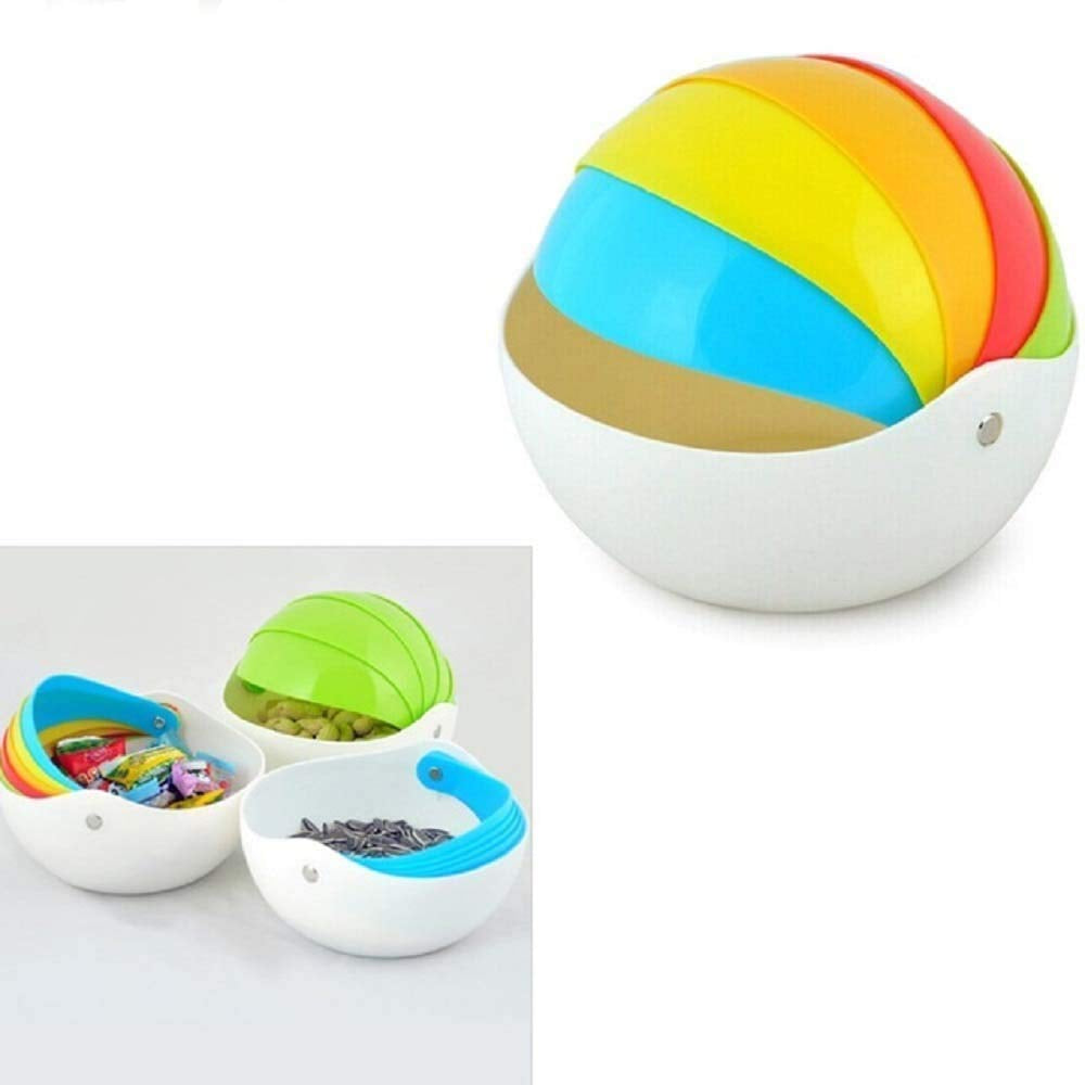  A set of colorful, rainbow-layered bowls with white bases are shown, some filled with snacks/candies.candy bowls, snack bowls, rainbow, colorful, storage.